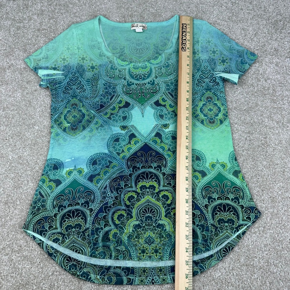 World Unity Paisley Mandala Ombre Rhinestone Boho Cutout Top Green Medium M - Picture 4 of 7